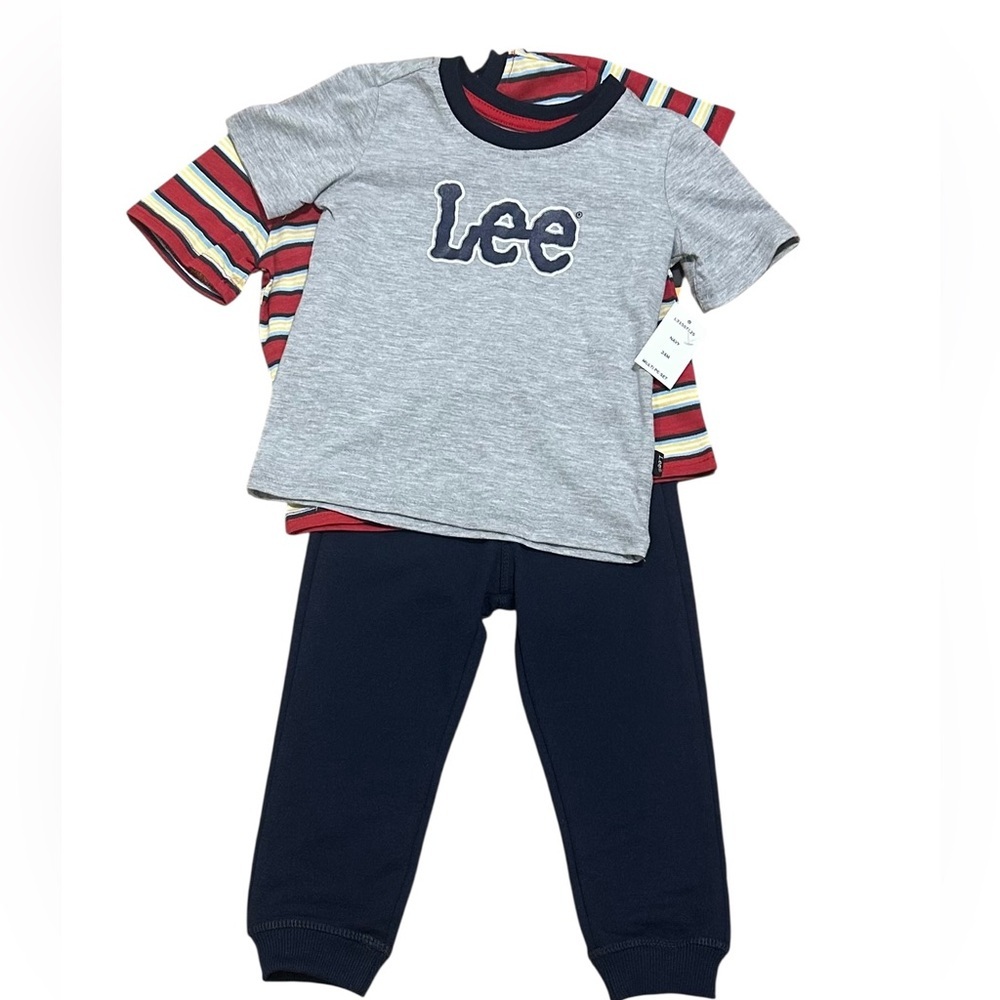 Lee. NWT. 3-Piece Play Outfit in Gray, Navy & Red-Striped.